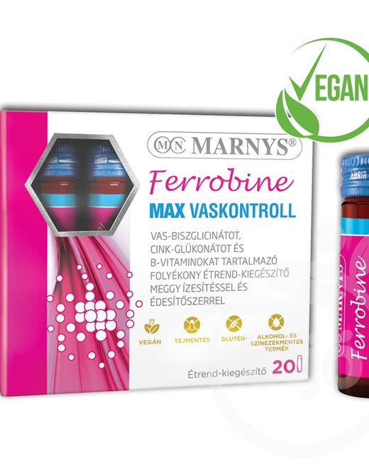 Marnys ferrobine max vaskontroll vas-biszglicináttal meggyízű ivóampulla édesítőszerrel 20x10ml